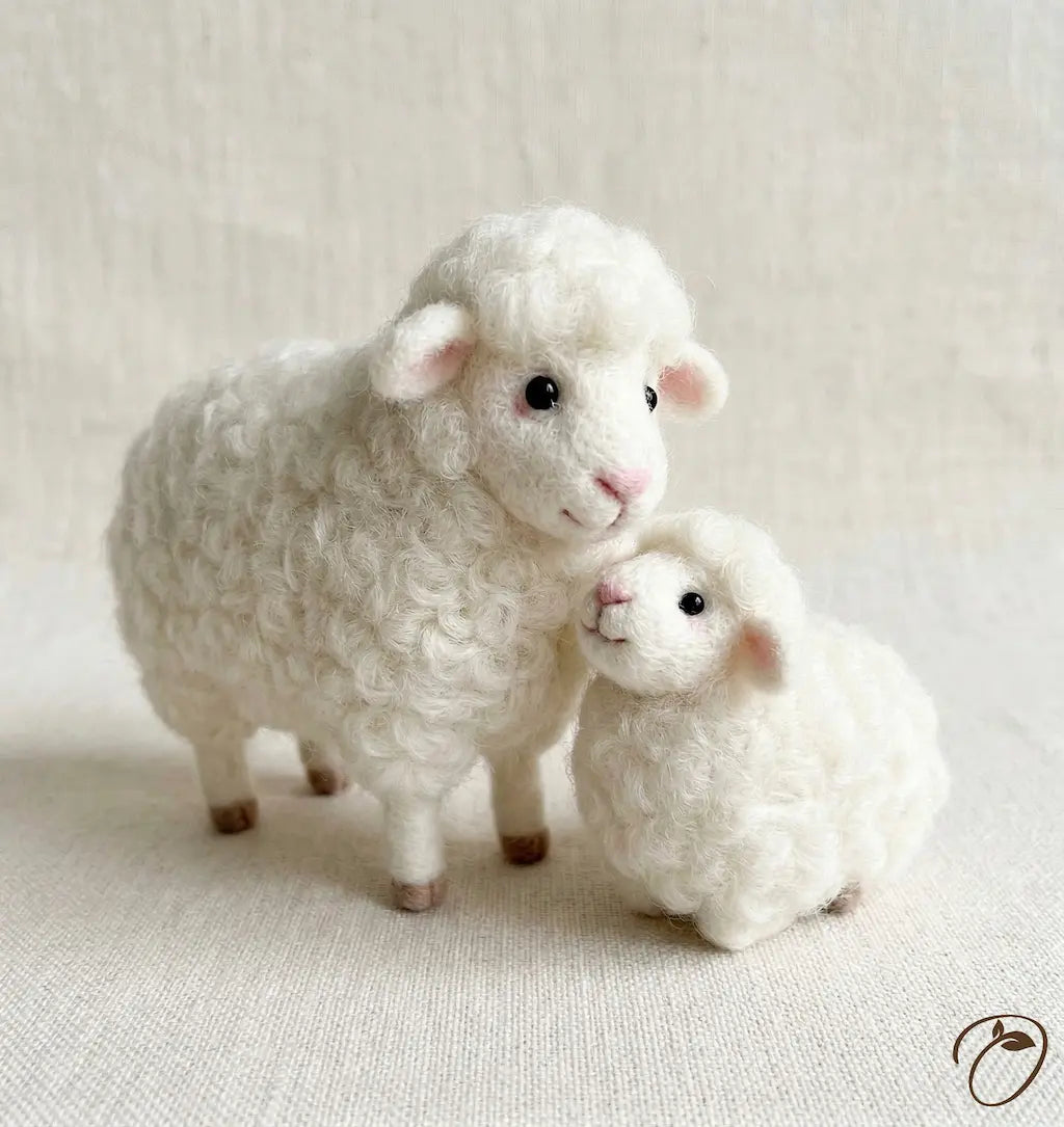 Two white sheep figures on a neutral background