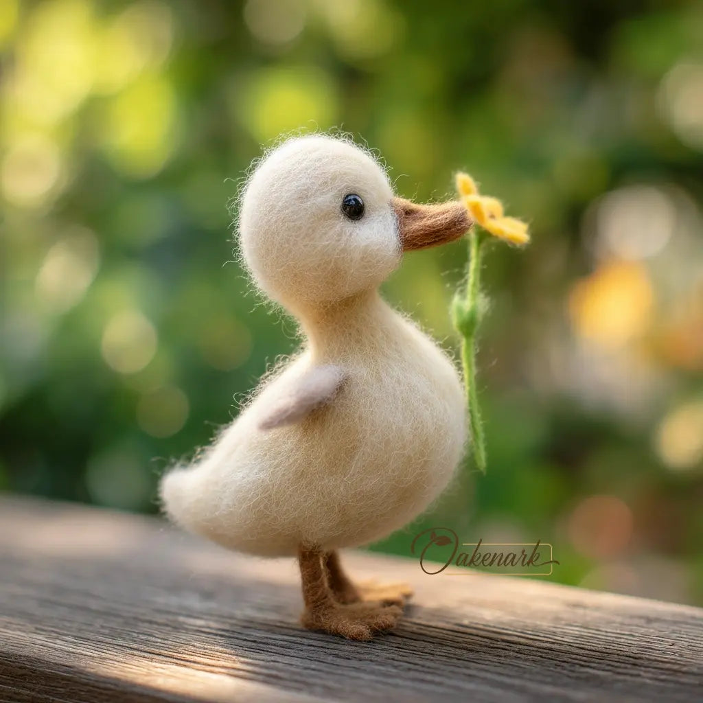Small felted duck holding a yellow flower on a blurred natural background