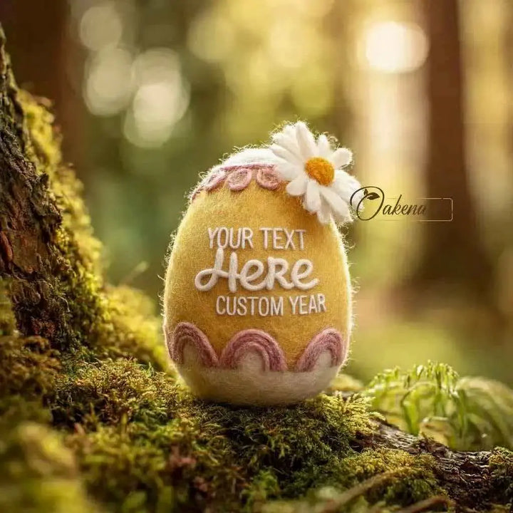 Decorative egg with customizable text on a forest background