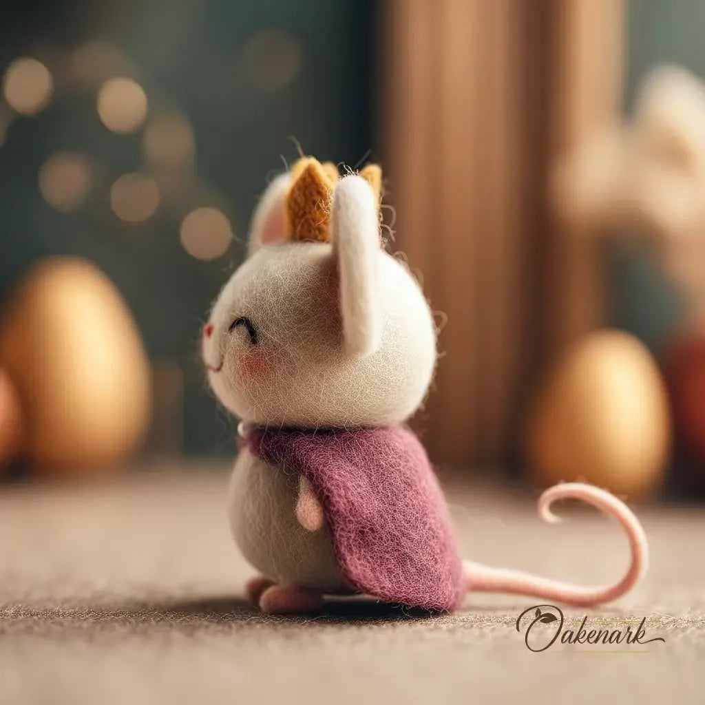 Small plush mouse toy with a pink bow tie on a blurred background