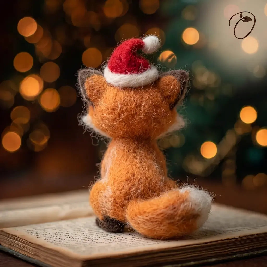 Back view of an orange felt fox wearing a red Santa hat, with upright ears and a bushy white-tipped tail.