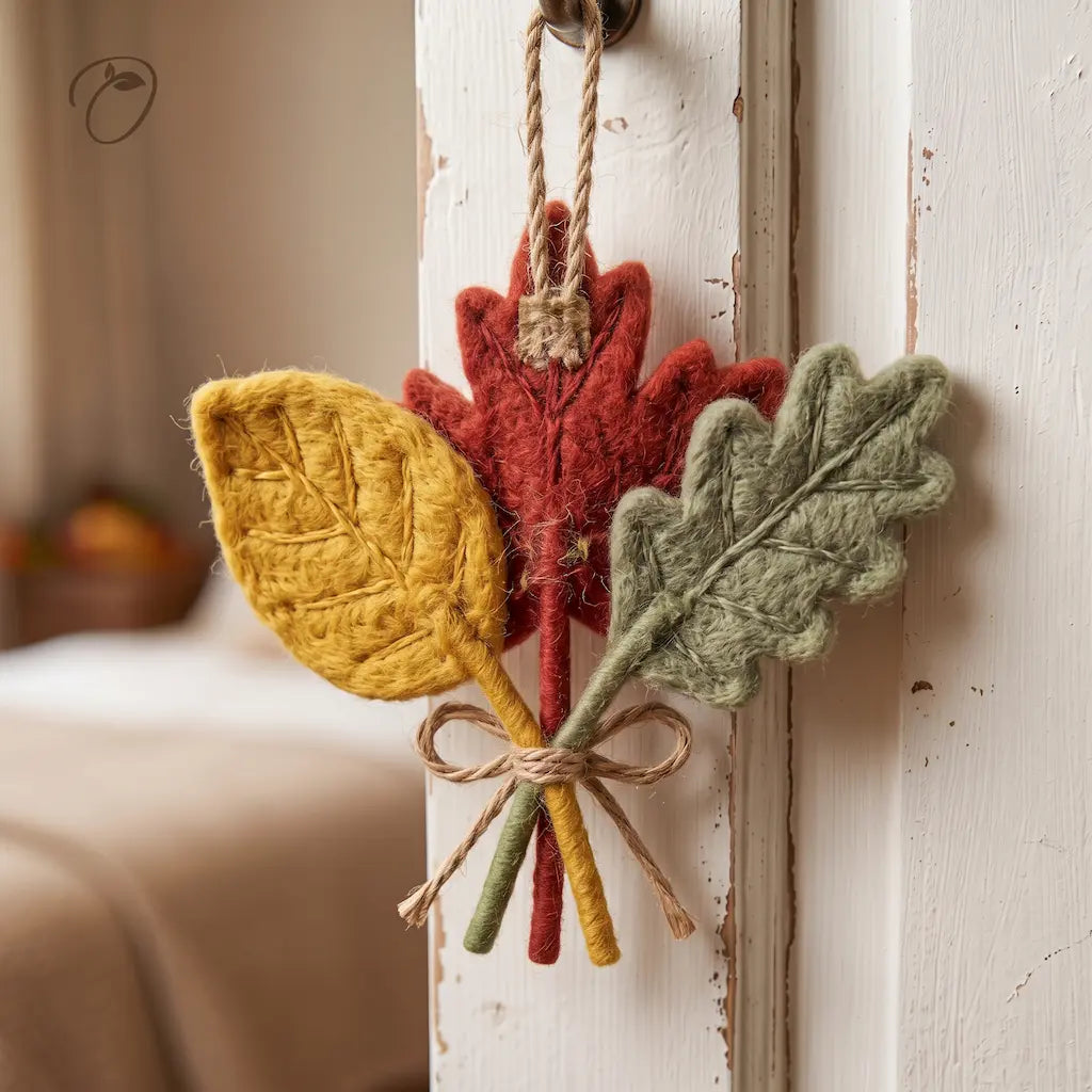 Back view of an autumn leaf bouquet felt ornament showing stitched leaf veins and the attached twine hanging loop.