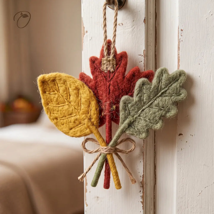 Back view of an autumn leaf bouquet felt ornament showing stitched leaf veins and the attached twine hanging loop.