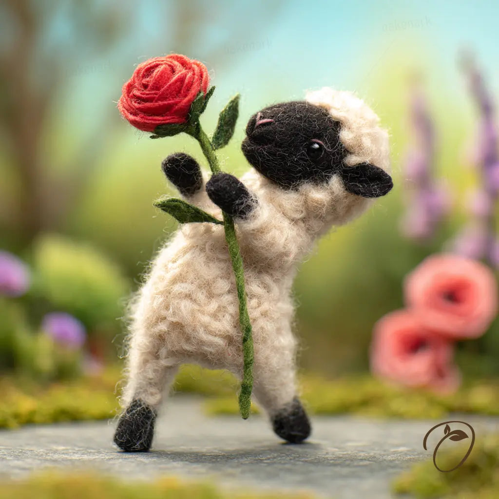 Toy sheep holding a red rose with a blurred floral background