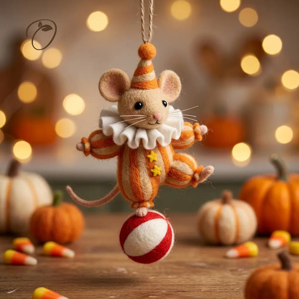 Carnival Mouse wool felt ornament in an orange striped costume balancing on a red-and-cream circus ball