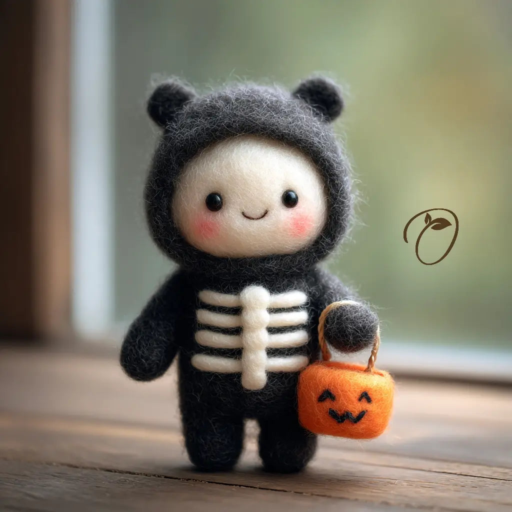 Smiling felt character in a charcoal skeleton costume with round hood ears, holding an orange pumpkin pail