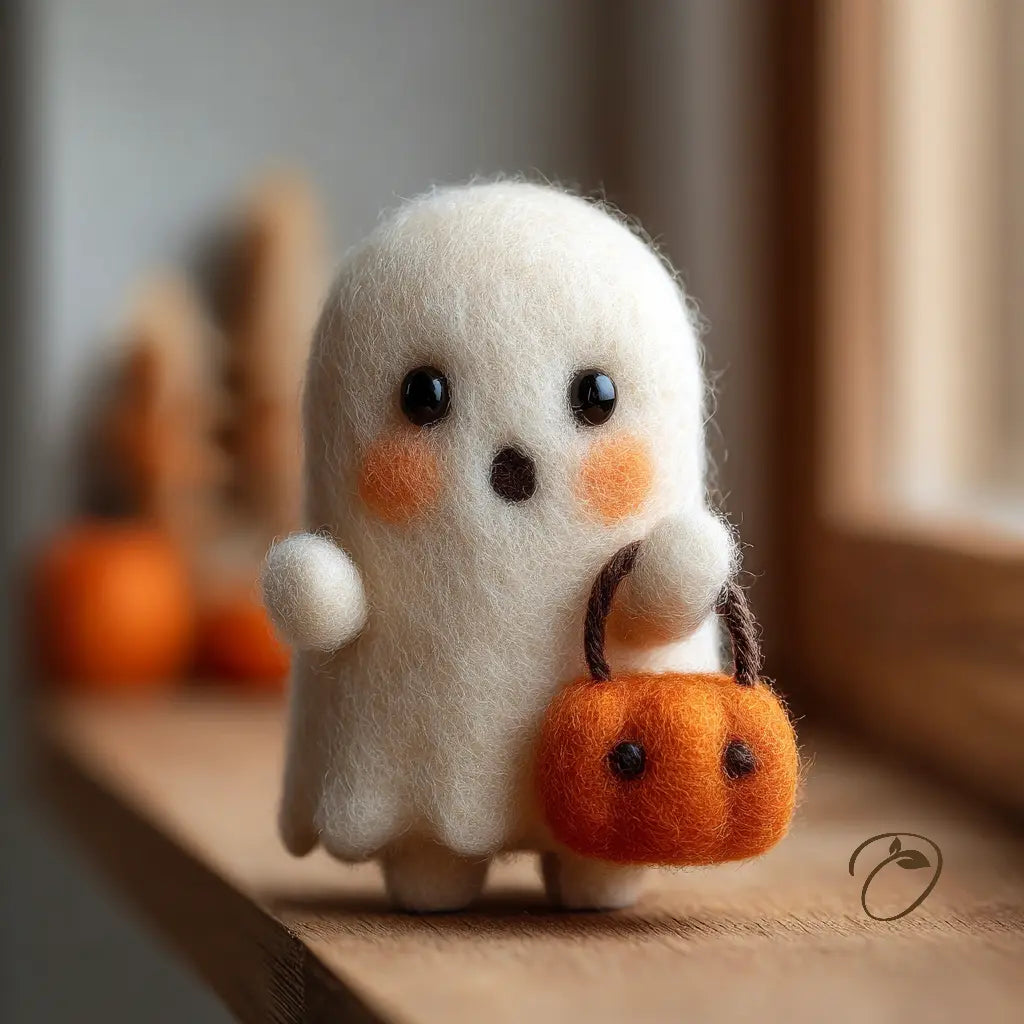 Pumpkin Basket Ghost wool felt figurine with peach cheeks and an orange pumpkin basket on a wooden windowsill