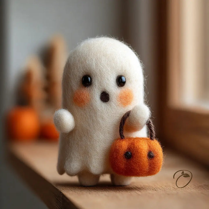 Pumpkin Basket Ghost wool felt figurine with peach cheeks and an orange pumpkin basket on a wooden windowsill