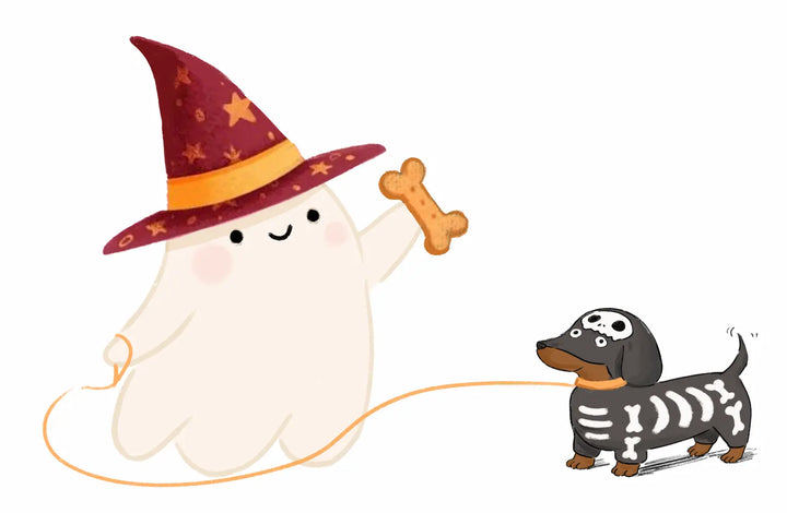 A cute Halloween illustration showing a smiling ghost in a pointed witch hat with an orange band and star details, holding a bone treat, next to a dachshund dressed in a black-and-white skeleton costume. The ghost and dog are connected by an orange rope on a plain white background.