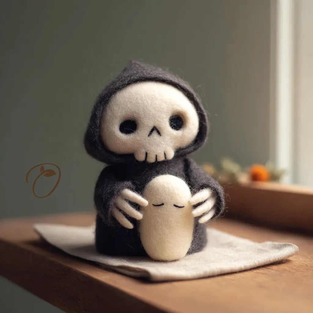 Charcoal-hooded felt reaper with an ivory skull face gently holding a small ivory ghost with closed eyes.