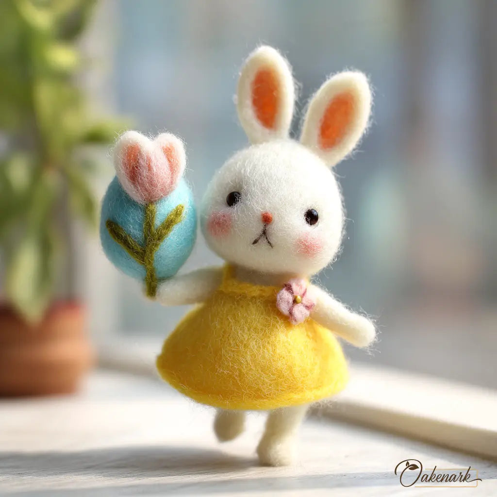Felt rabbit toy in a yellow dress holding a blue flower with a blurred background