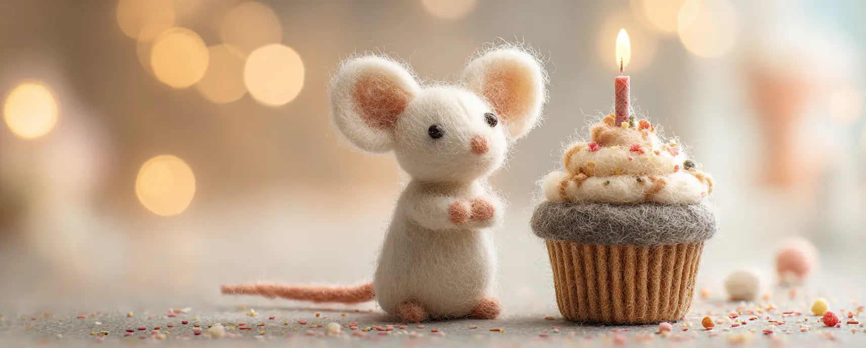 Small mouse figurine with a birthday cake and candle against a blurred background