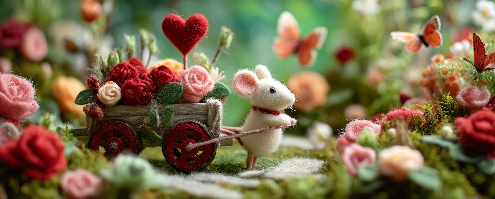 Small mouse pulling a cart with flowers through a garden setting