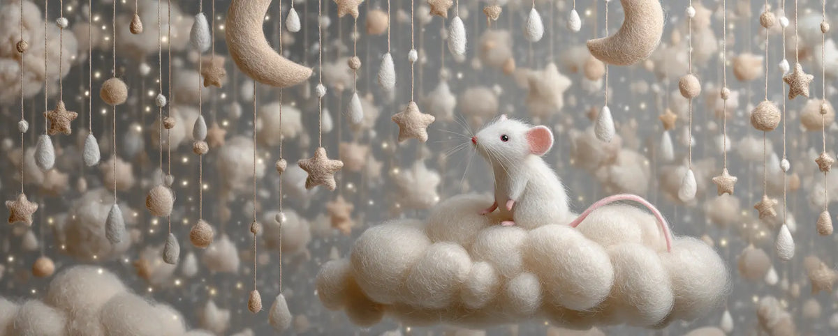 Decorative scene with a mouse on a cloud, surrounded by hanging stars and moons against a gray background.