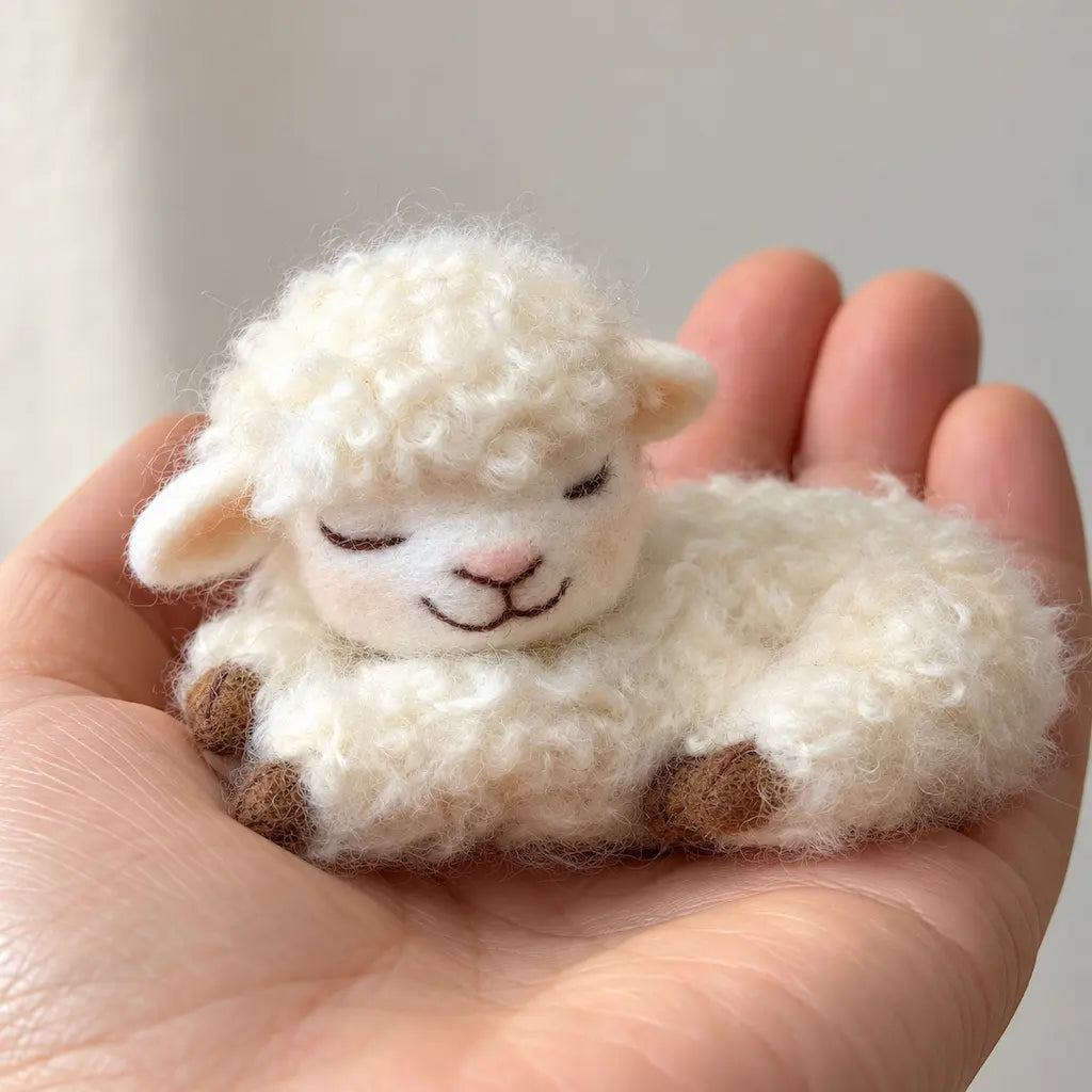 Hand holding a miniature sleeping lamb felt figurine, showing its curled-up shape, closed eyes, and textured cream wool fleece.