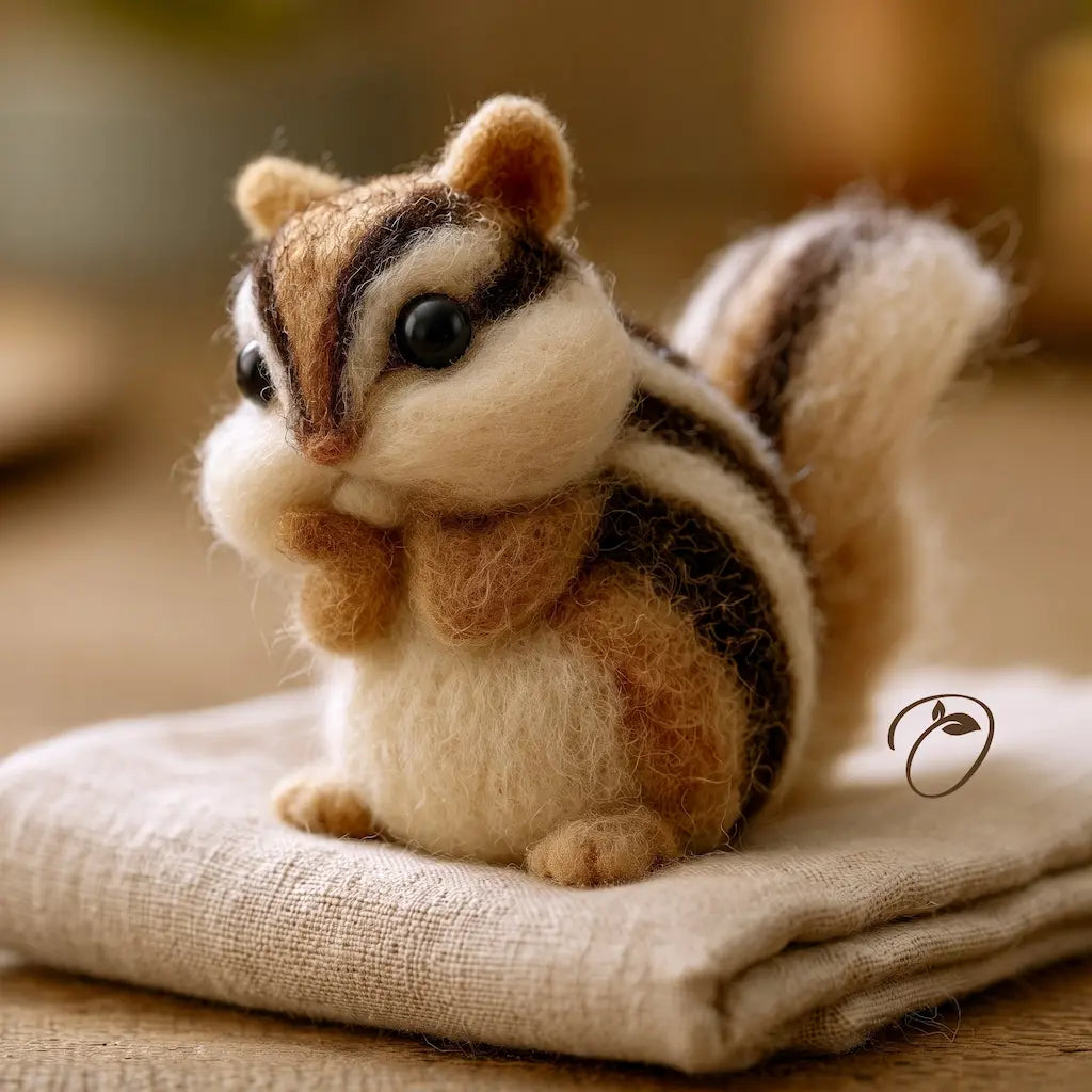 A small felted wool chipmunk figurine sitting on a folded beige fabric surface, photographed in a warm softly blurred setting.
