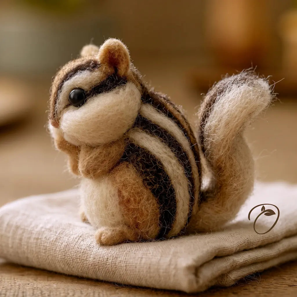 A small felted wool chipmunk figurine with brown, cream, and black stripes, sitting on a folded beige fabric surface against a softly blurred warm background.