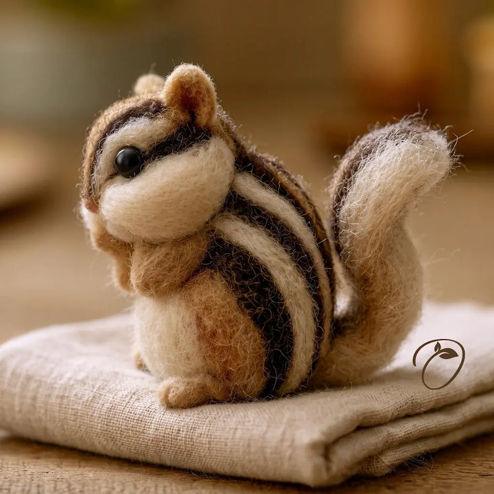 A small felted wool chipmunk figurine with brown, cream, and black stripes, sitting on a folded beige fabric surface against a softly blurred warm background.