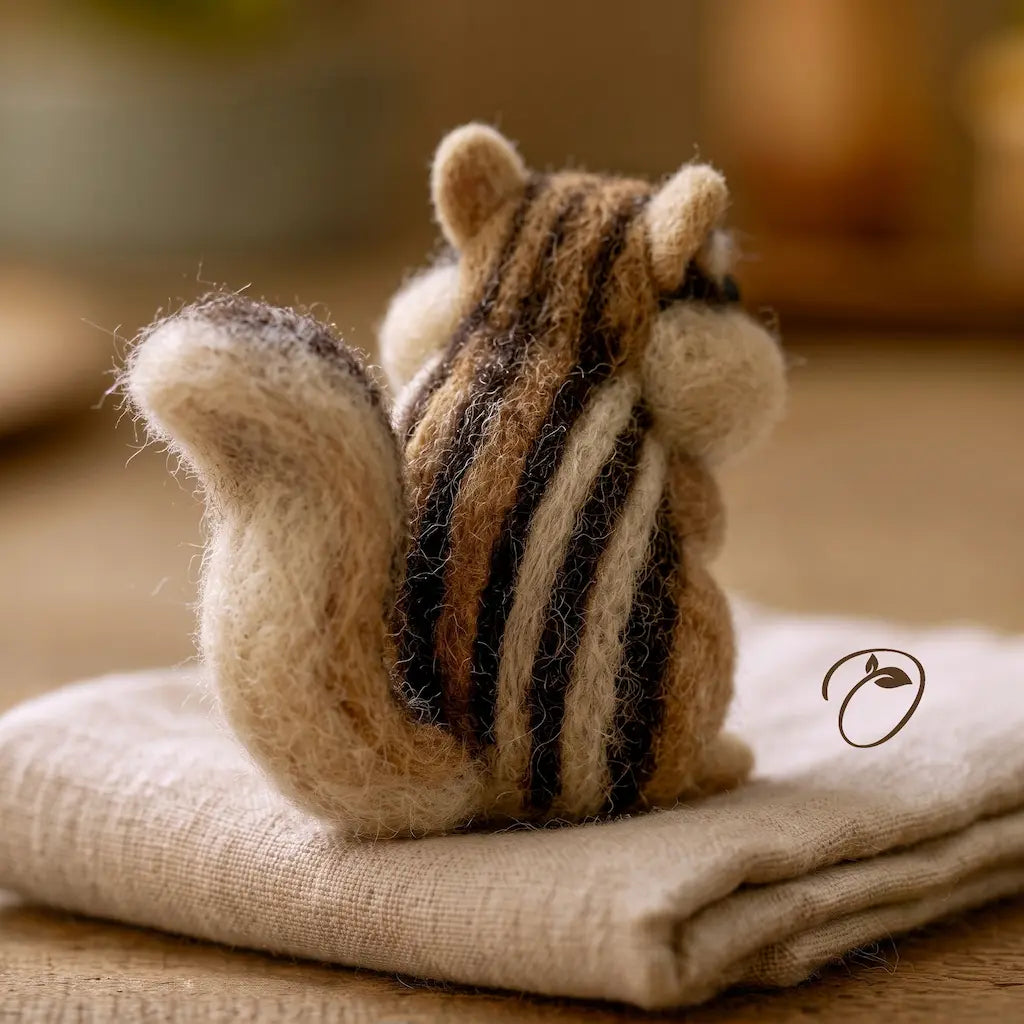 A handcrafted felted wool chipmunk figurine, shown from behind, sitting on a folded beige linen cloth on a wooden surface.