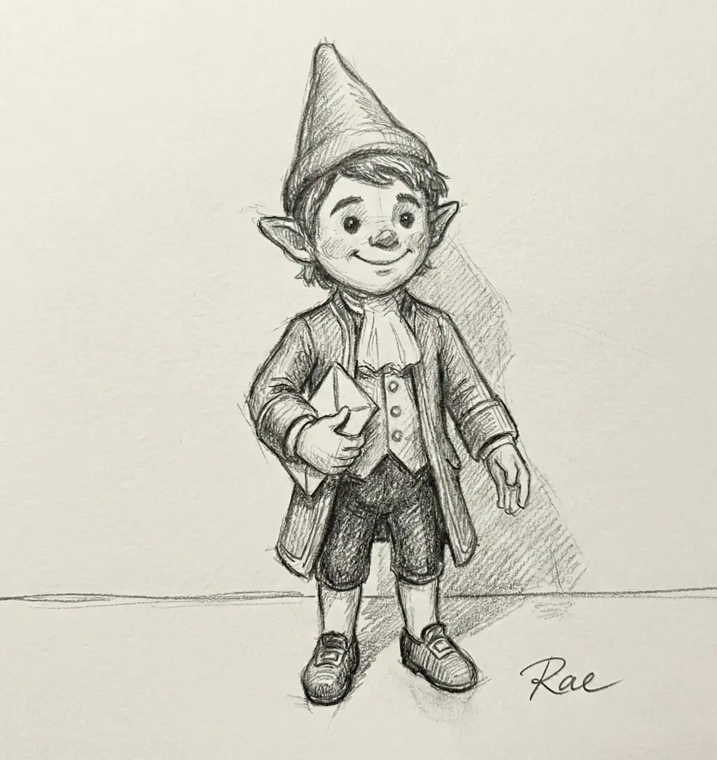 Doodle of a small elf-like character with a pointed hat on a light gray background