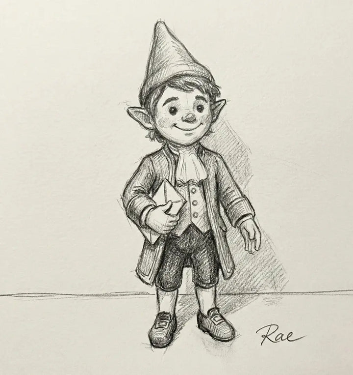 Doodle of a small elf-like character with a pointed hat on a light gray background