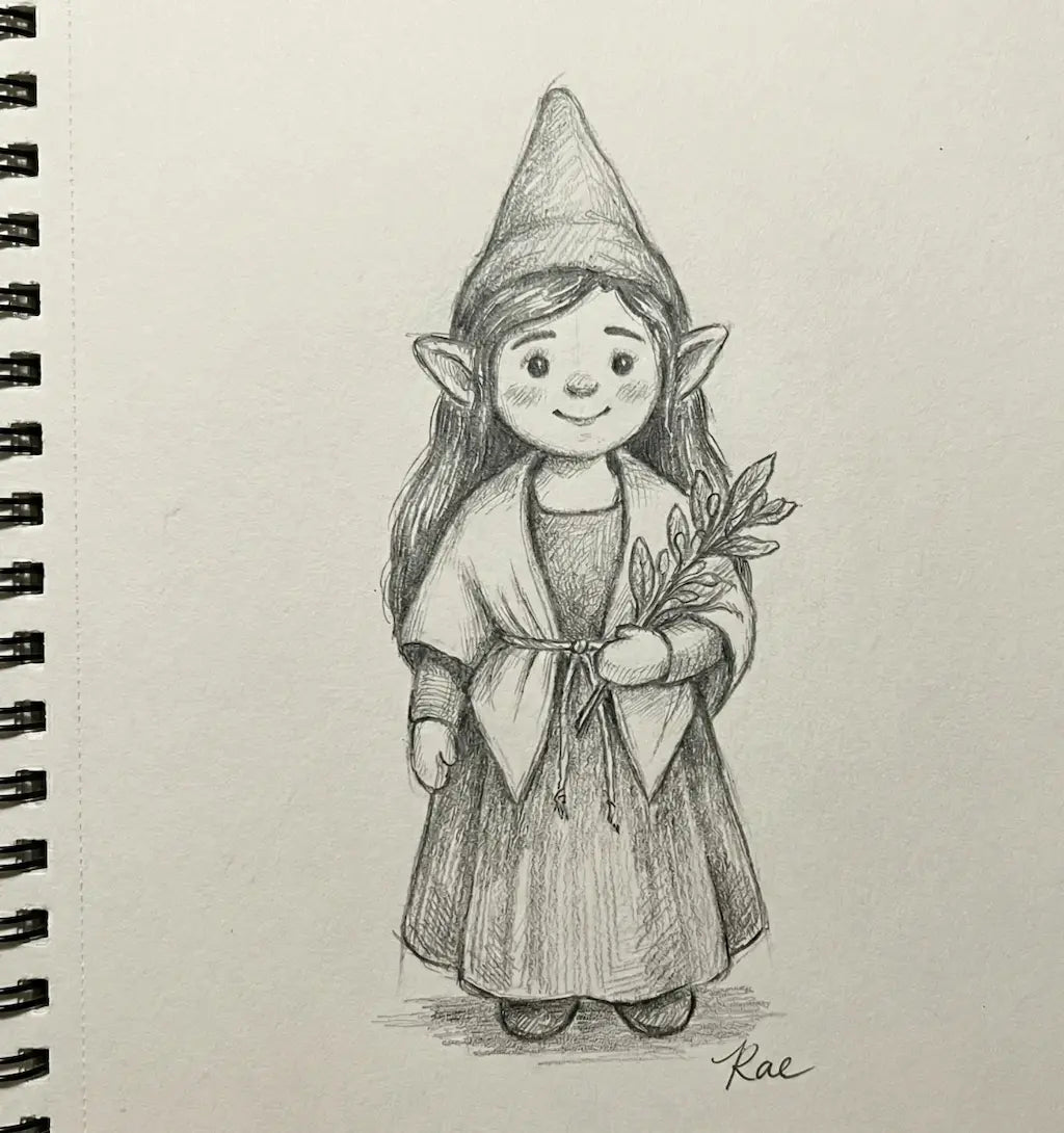 Illustration of a small elf-like character holding a leafy branch on a spiral-bound notebook page.