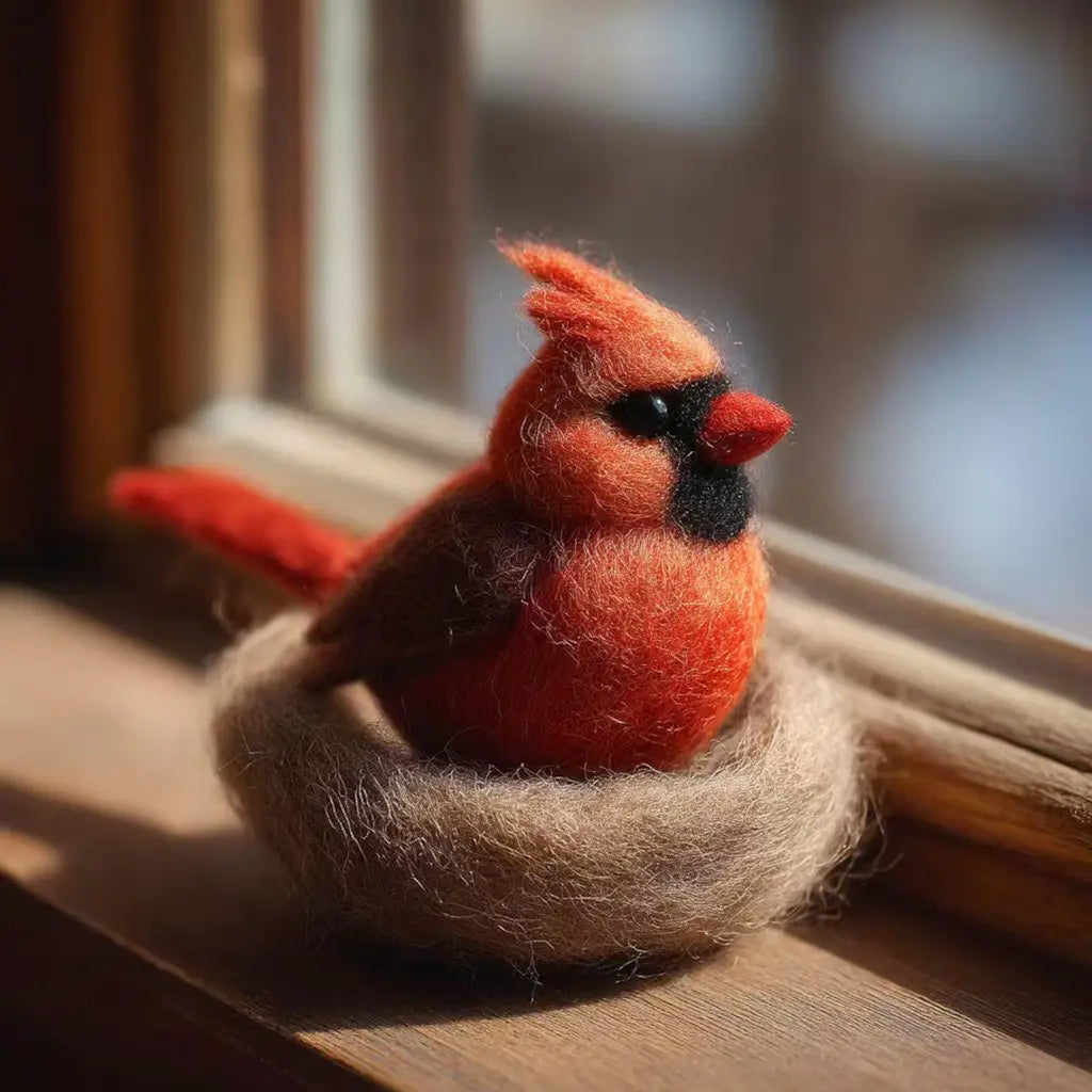 Felted red bird figurine sitting on a nest by a window