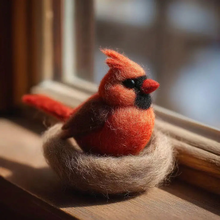 Felted red bird figurine sitting on a nest by a window