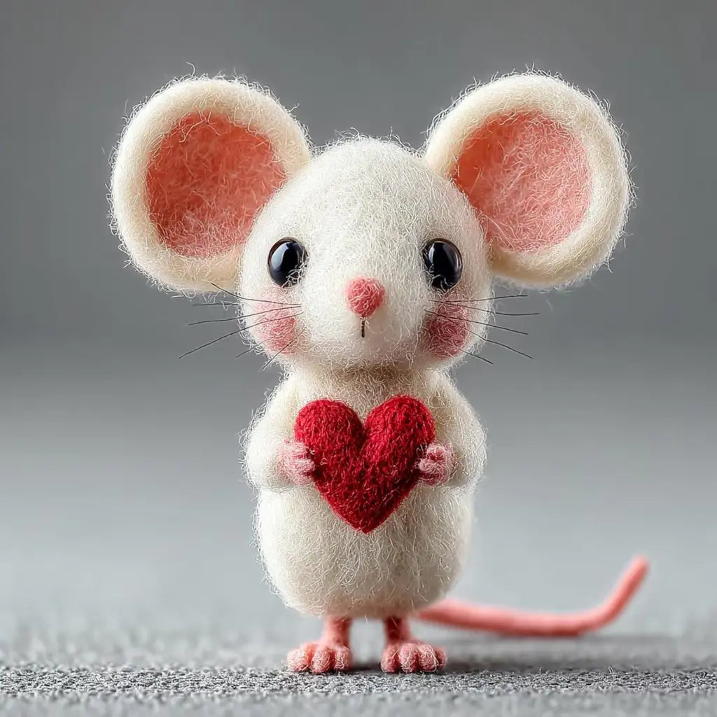 Stuffed mouse toy holding a red heart on a gray background