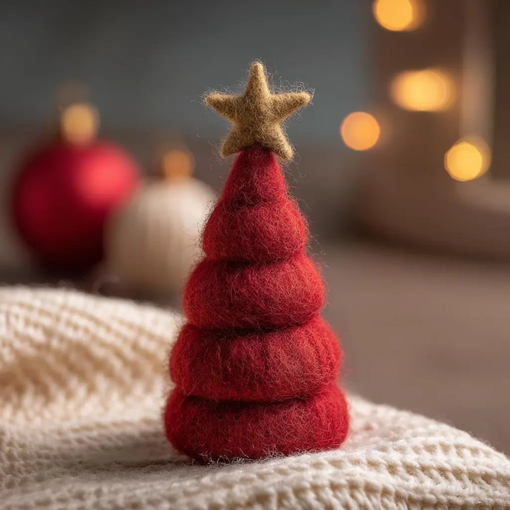Red textured Christmas tree with a star on top, placed on a textured surface with blurred lights in the background.