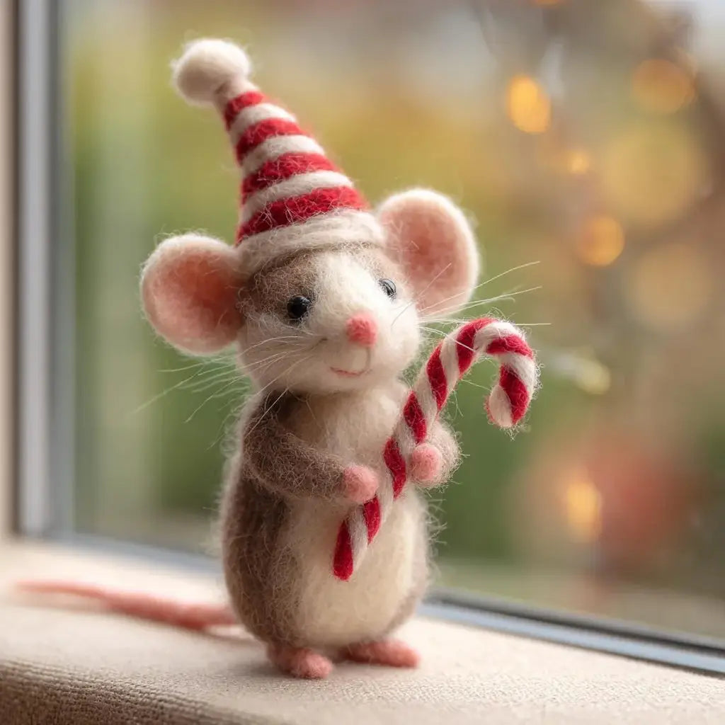 Felted mouse toy wearing a Santa hat and holding a candy cane, with a blurred background.