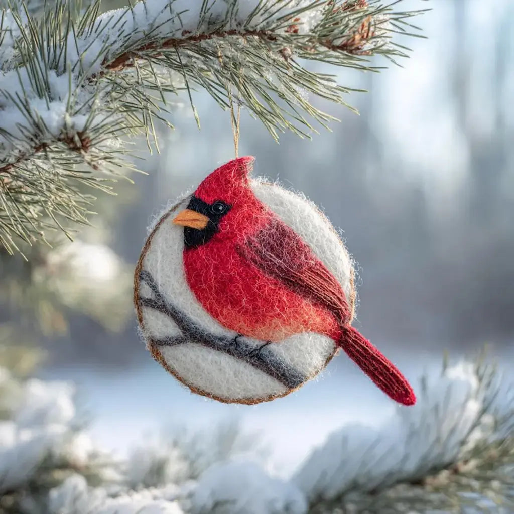 Red cardinal bird ornament hanging on a snowy branch