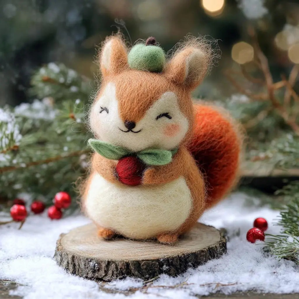 Felted squirrel figurine holding a berry on a wooden stump with a snowy background