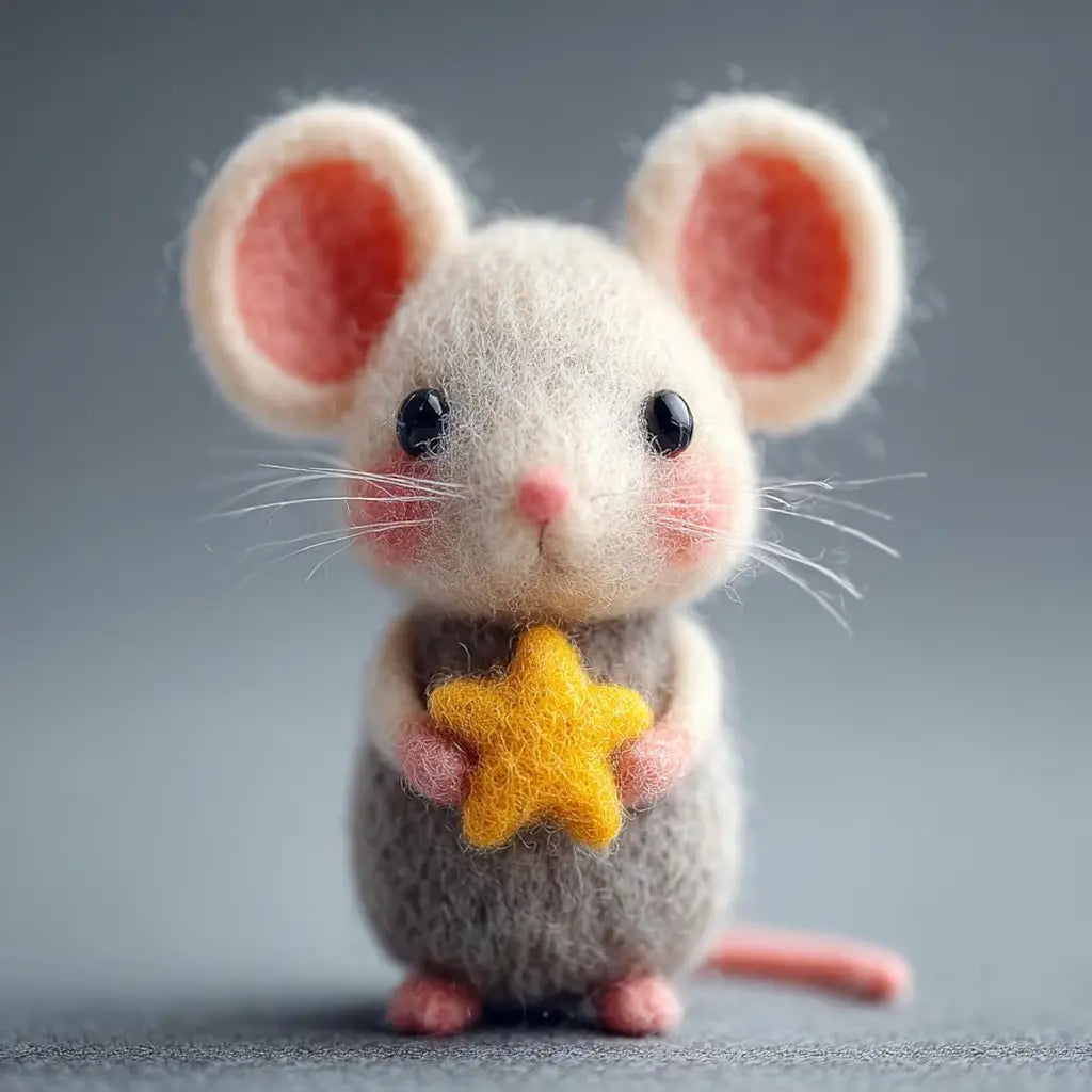 Felt Grey & White Mouse Figurine Holding a Yellow Star