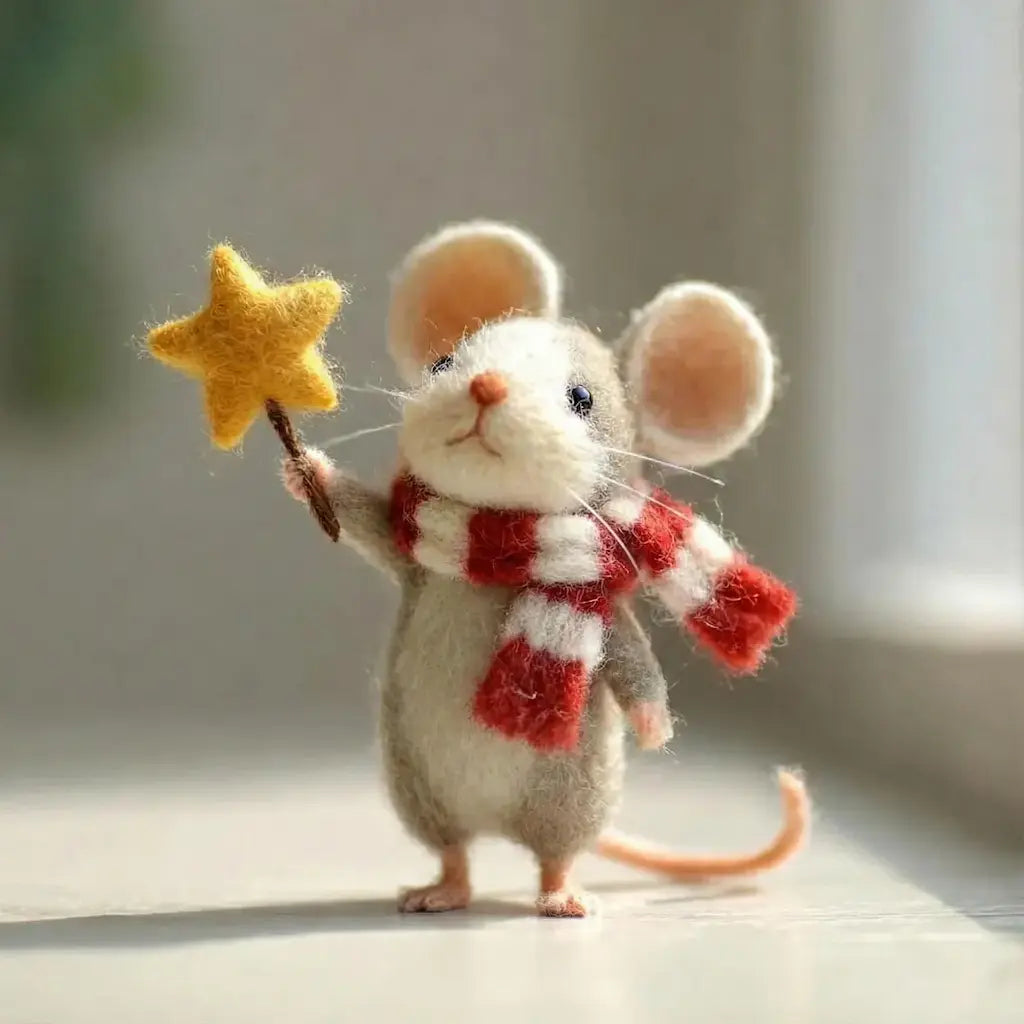 Felted mouse toy holding a yellow star on a light background