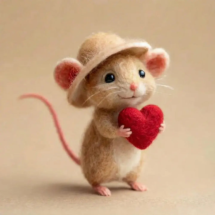Toy mouse wearing a small hat and holding a red heart against a beige background