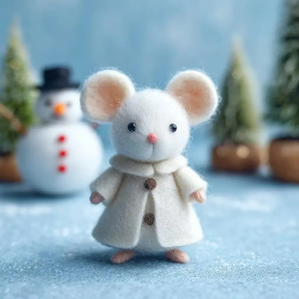 Felt Winter Mouse in White Coat Figurine
