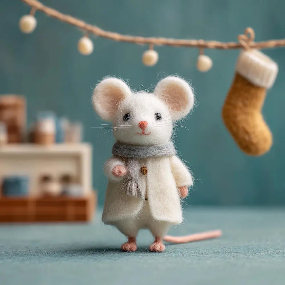 Toy mouse in a coat with Christmas decorations in the background