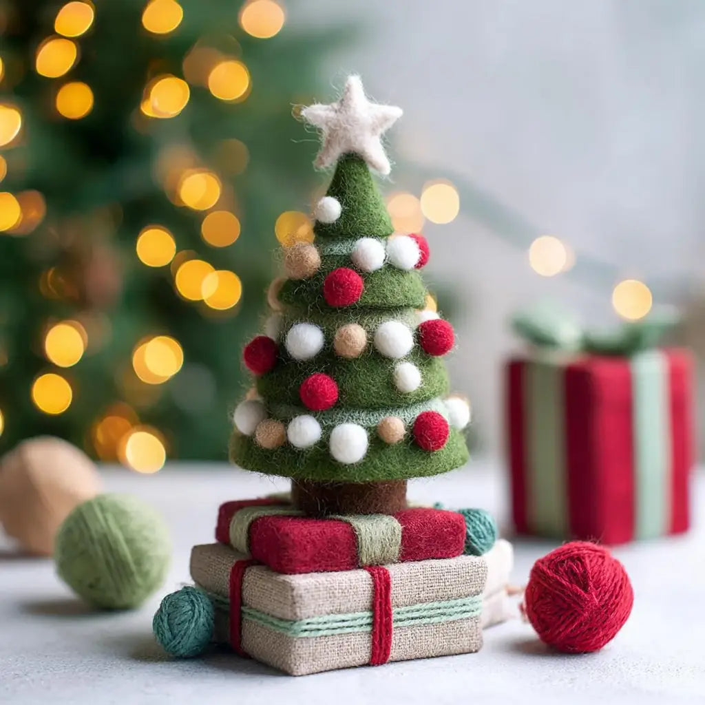 Felt Christmas tree with colorful ornaments and presents on a blurred festive background