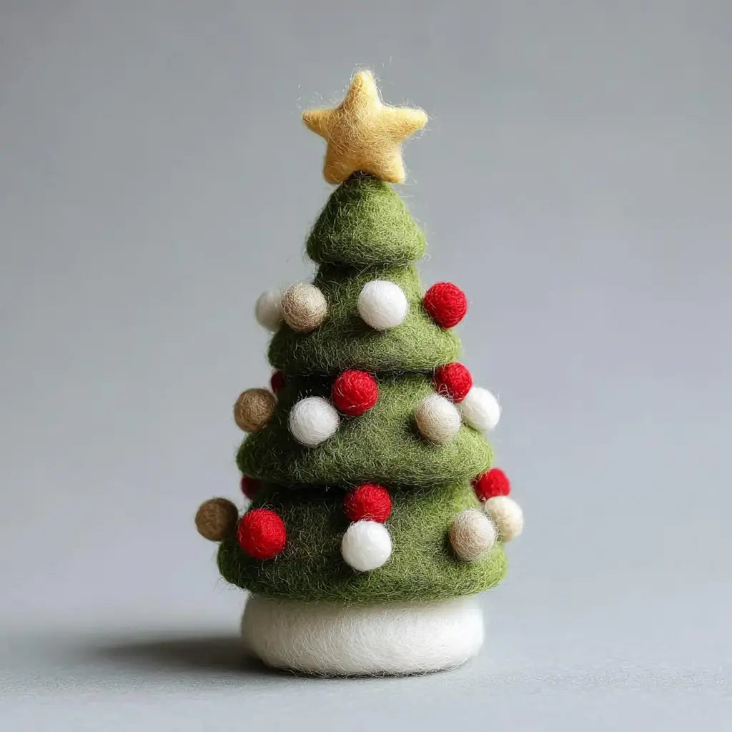 Felt Christmas tree ornament with colorful decorations on a gray background