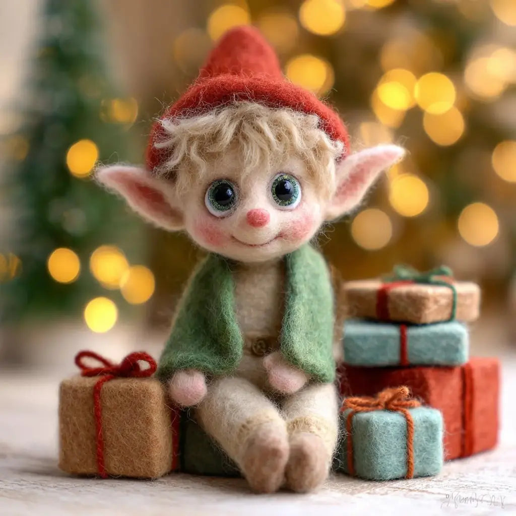 Elf figurine with Christmas presents against a blurred festive background