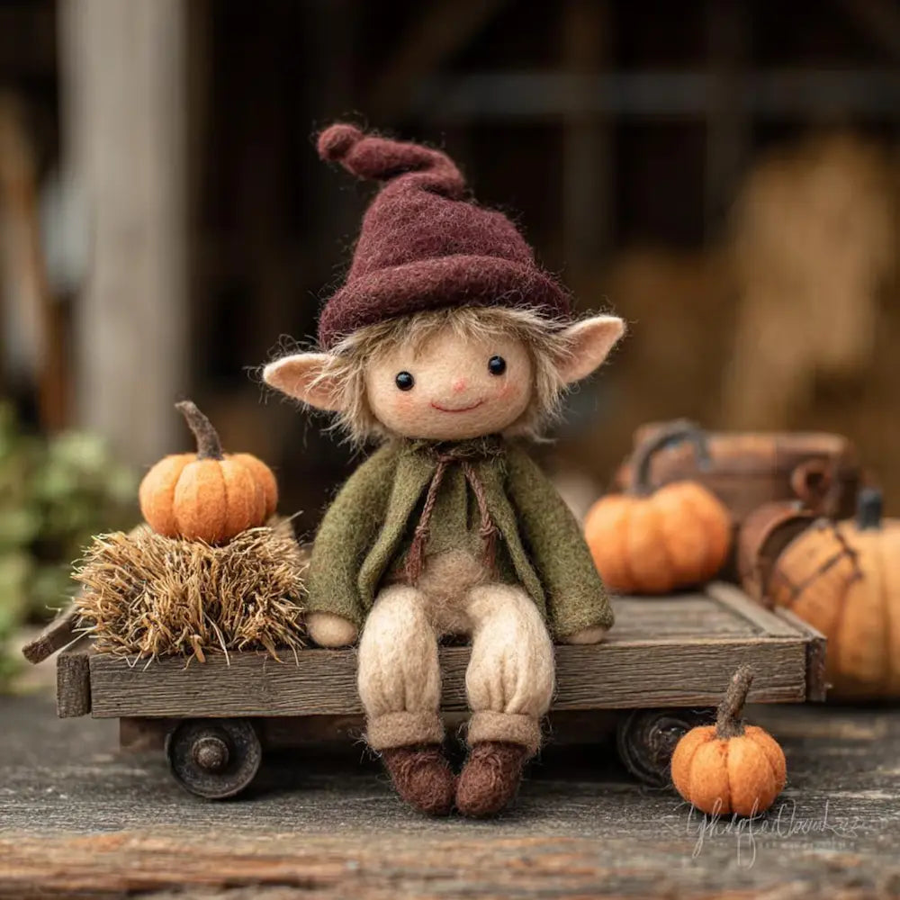 Elf figurine with a hat and green coat sitting on a wooden cart with pumpkins in a rustic setting.