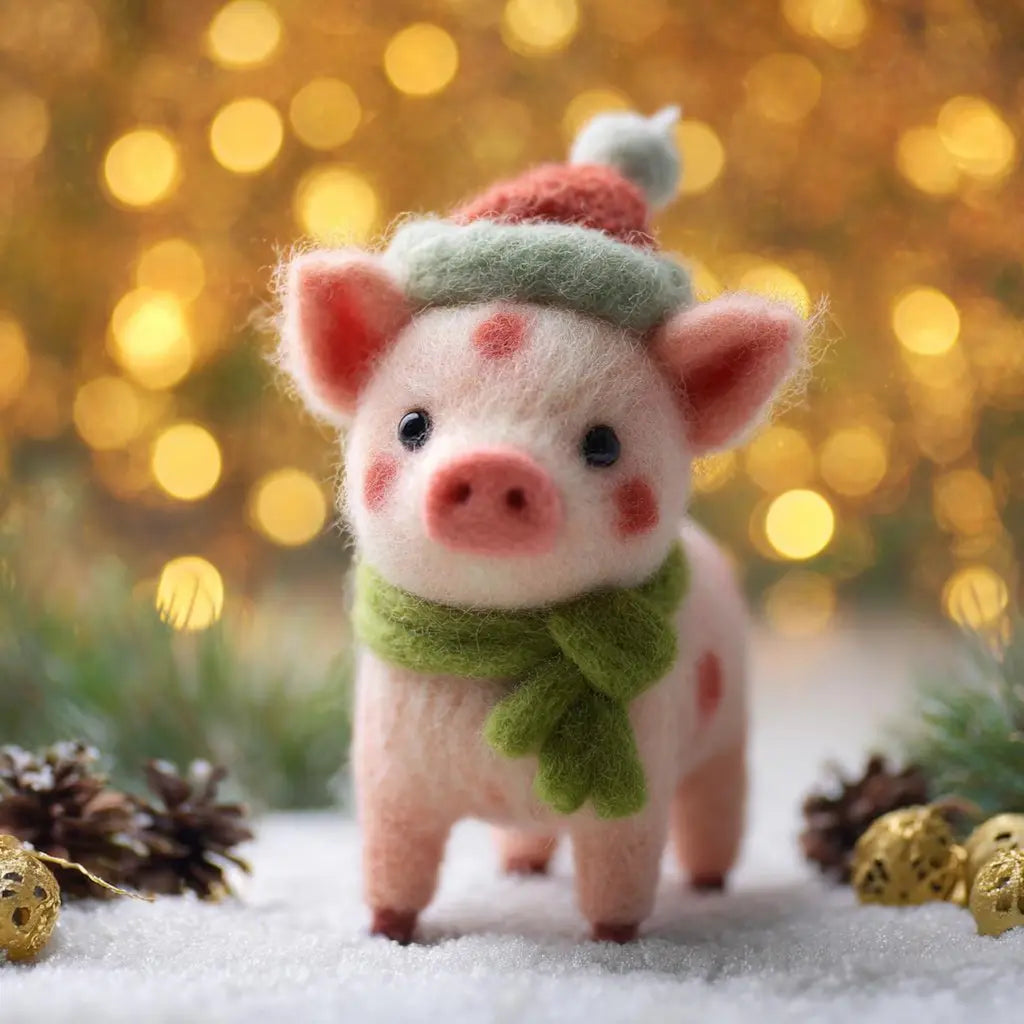Felted pig figurine wearing a hat and scarf against a blurred golden light background