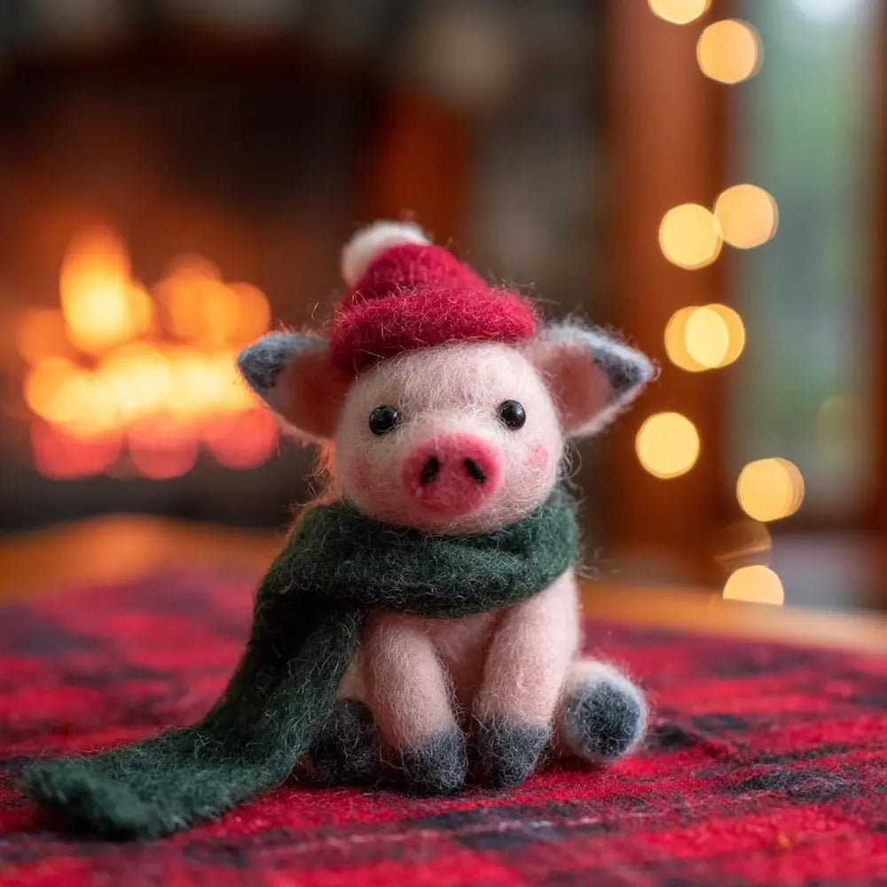 Small pig figurine wearing a red hat and green scarf on a red checkered blanket with blurred lights in the background.