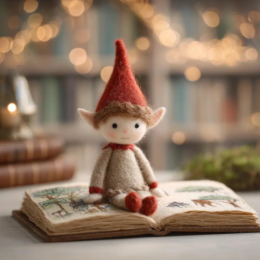 Elf figurine sitting on an open book with a blurred background