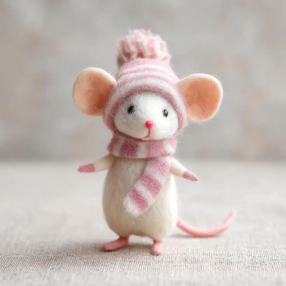 Toy mouse wearing a pink striped hat and scarf on a neutral background