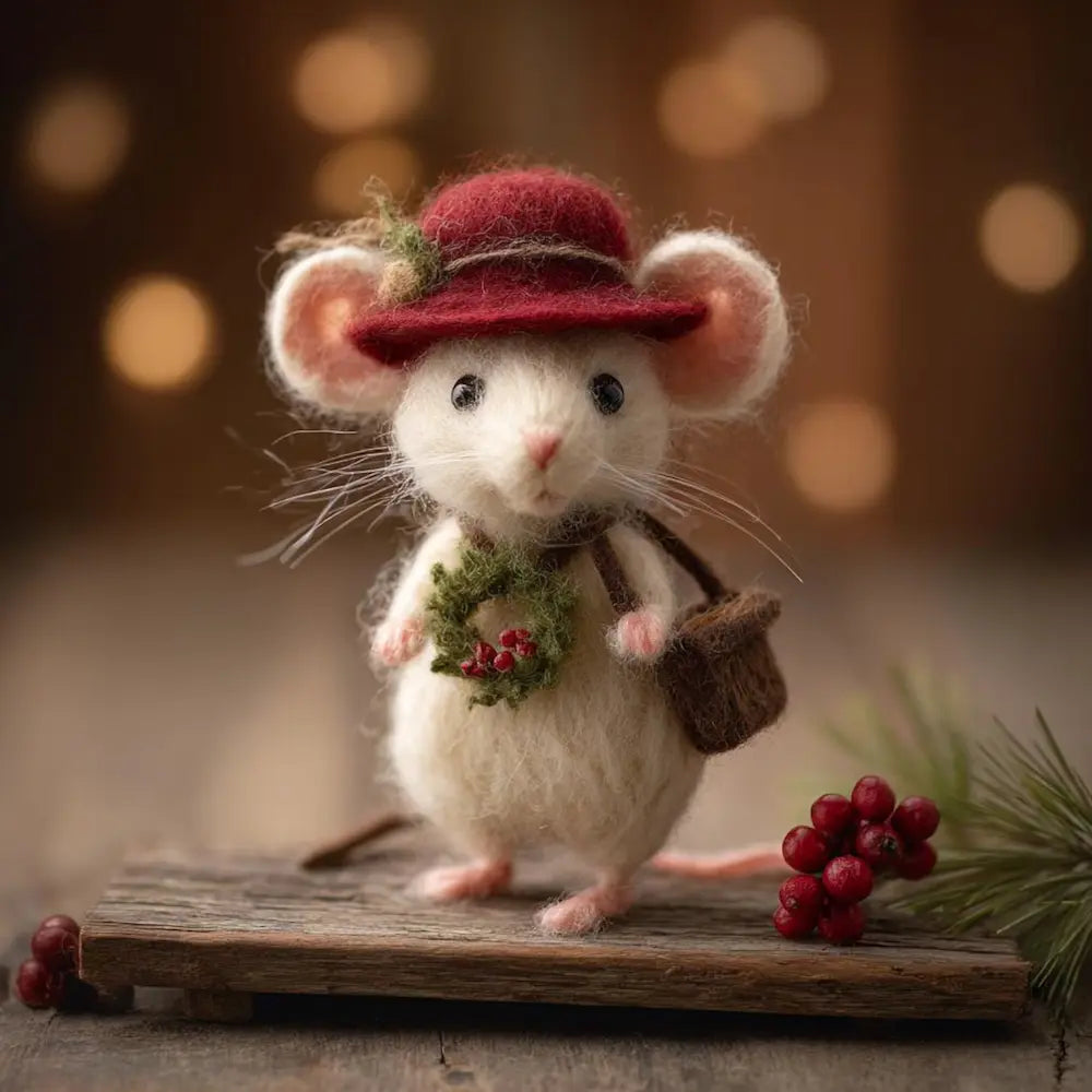Felted mouse wearing a red hat with a wreath, standing on a wooden platform with blurred lights in the background.