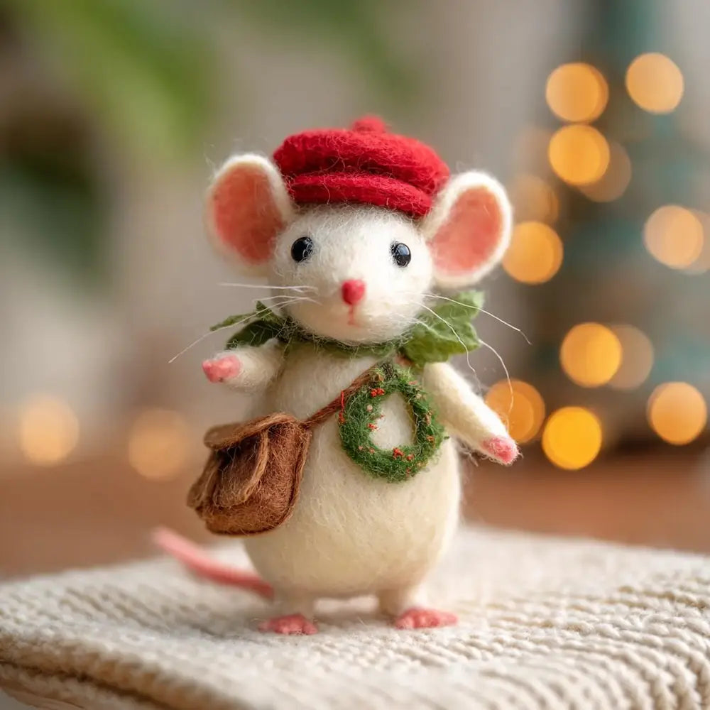 Decorative mouse figurine with a red hat and green wreath against a blurred festive background