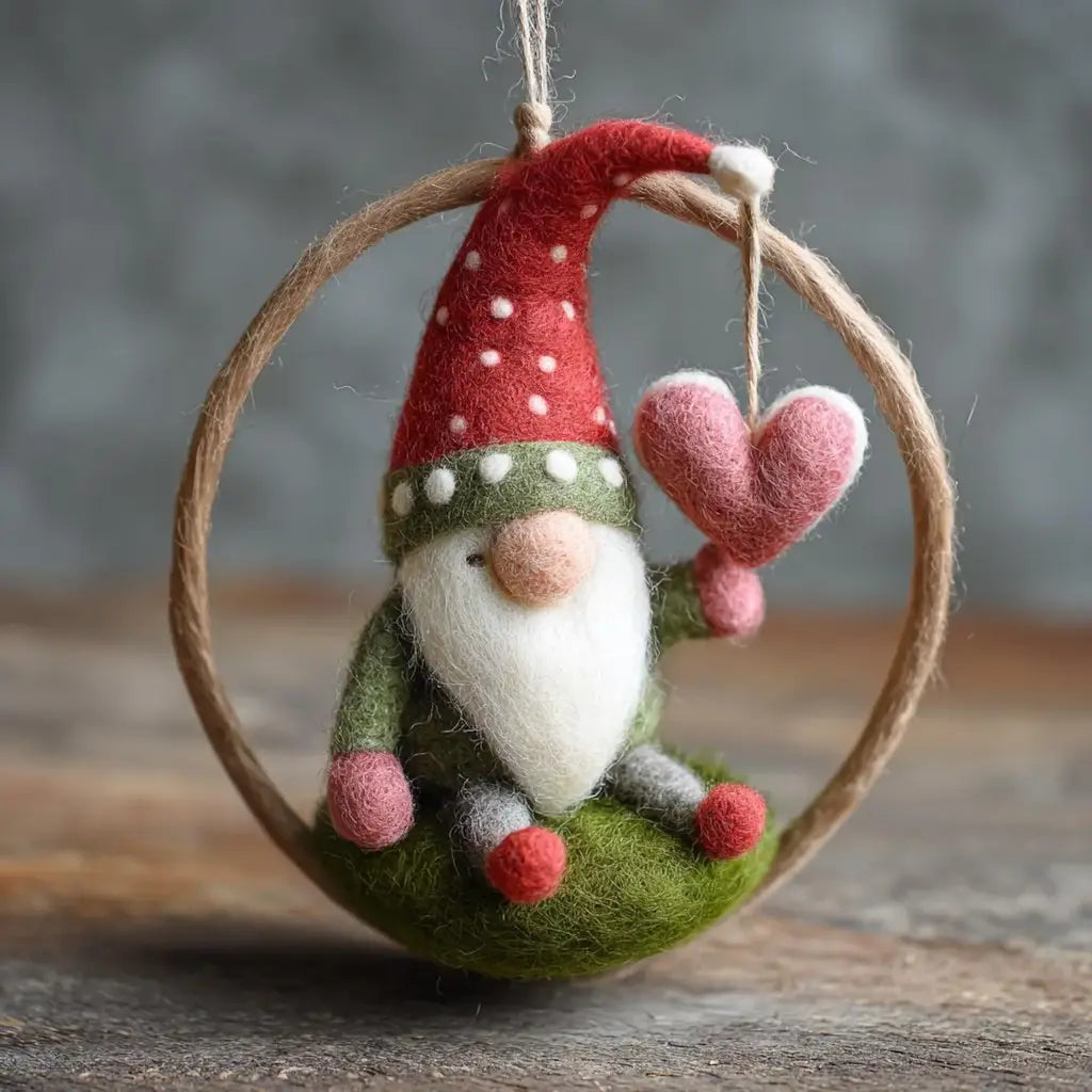 Felt gnome ornament with a red hat and pink shoes hanging from a string.