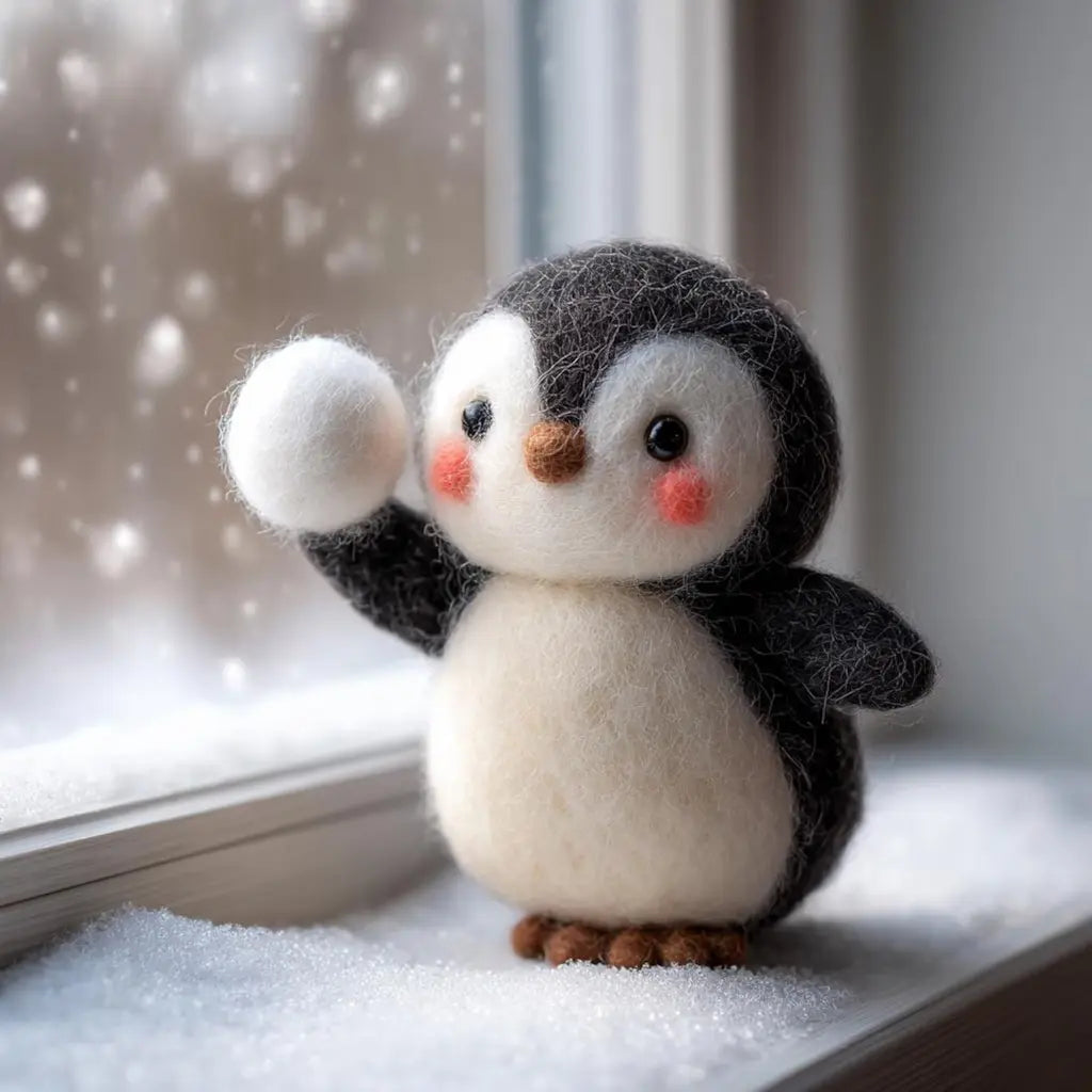 Felted penguin toy waving in front of a snowy window